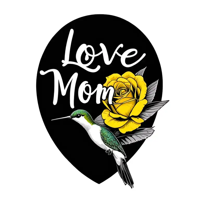 "Love Mom" yellow rose and hummingbird tattoo design idea