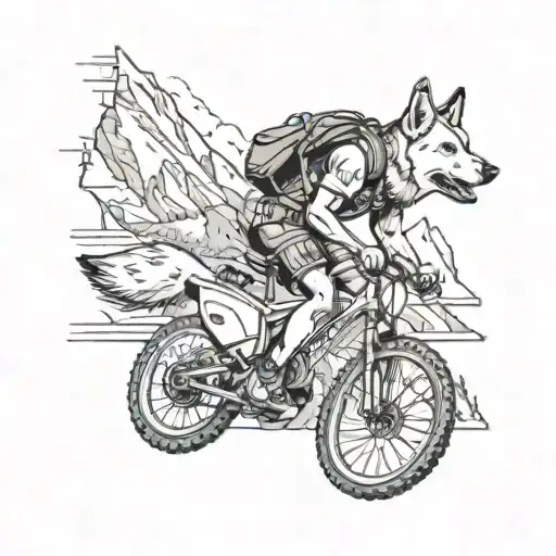 mountain biker riding in the mountians with a guitar and a white german shepherd tattoo design idea