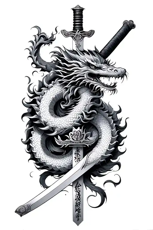 katana sword with two Chinese dragon intertwined tattoo design idea