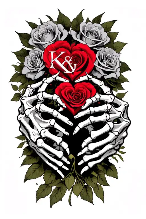 skeleton hands that make a love heart with roses intertwined and with the letters K & J tattoo design idea