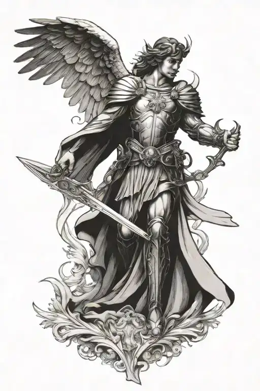 Archangel Michael facing straight holding sword going into ground with wings spread out  tattoo design idea