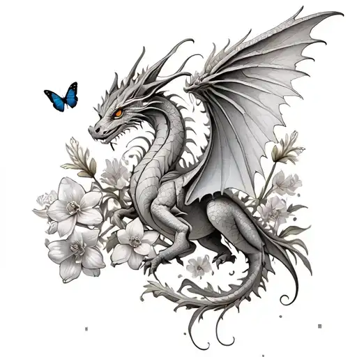 A dragon with wings made of delicate iris petals, surrounded by butterflies and narcissus flowers tattoo design idea