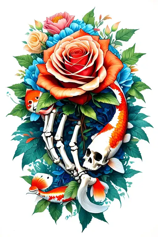 skeleton arm holding a rose surrounded by flowers with koi fish swimming around the hands tattoo design idea