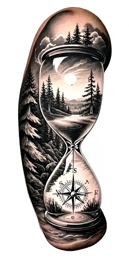 family and forest and hour glass and compass golf course tattoo design idea