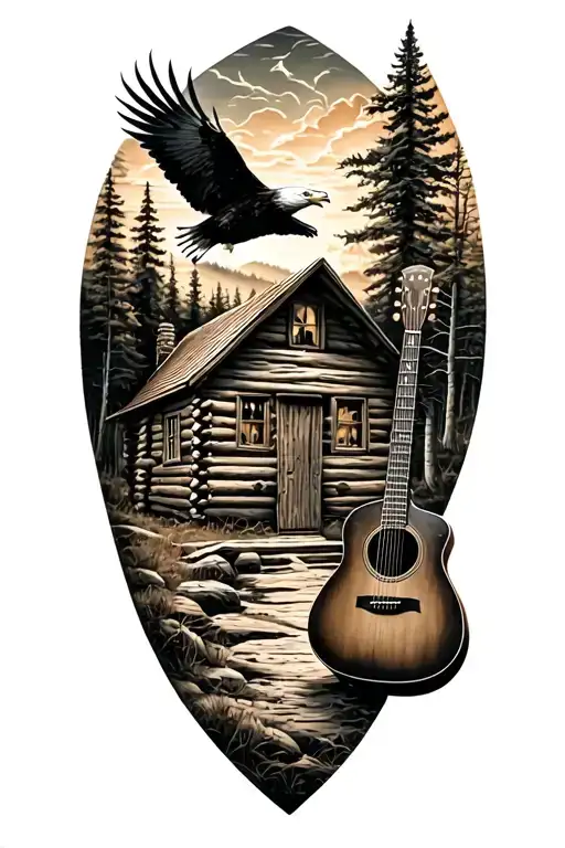log cabin with an acoustic guitar in front and an eagle flying above. nature scene  tattoo design idea