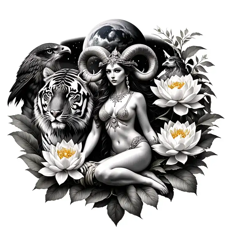 sexy aries goddess surrounded by lotus and peony flowers growing with a tiger and a hawk with mars in the sky tattoo design idea