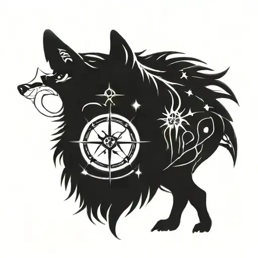 mystical, epic wolf tattoo with moon, forest, stars, compass, shadow, fish zodiac sign, water, tattoo design idea