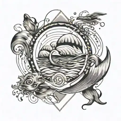 A geometric design incorporating the birth dates of your three boys in a creative way, surrounded by water-themed elements like waves or sea creatures tattoo design idea