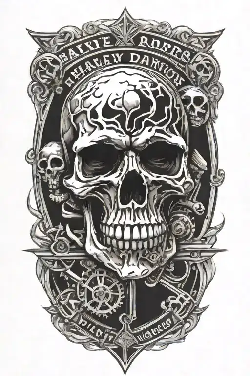 harley davidson style with skulls and a single railroad track down the center tattoo design idea