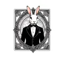 white rabbit in a tuxedo, filigree on background inside of a card neo traditional  tattoo design idea