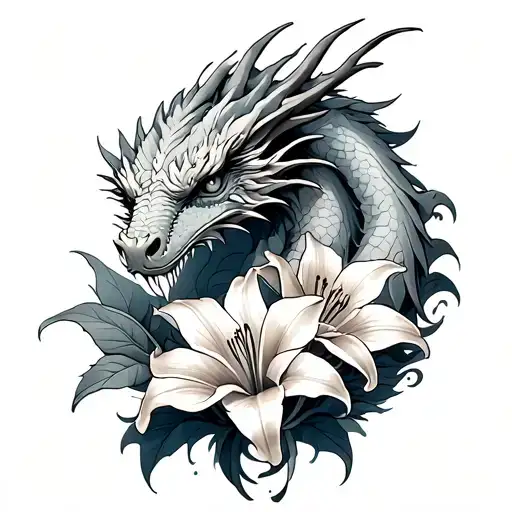 Create me a tattoo stencil with a western style elemental ice dragon wrapped around 3-4 botanical realistic lily’s with  tattoo design idea