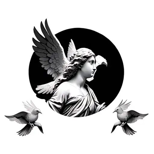 angel statue facing left looking at a dove tattoo design idea