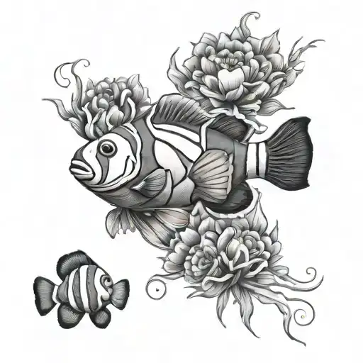 clownfish and big flowers tattoo design idea