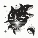I want a minimal tattoo with an orca whale, Libra constellation, moon, compass, mountains, river, all in one image, in a tattoo design idea