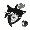 I want a minimal tattoo with an orca whale, Libra constellation, moon, compass, mountains, river, all in one image, in a tattoo design idea