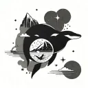 I want a minimal tattoo with an orca whale, Libra constellation, moon, compass, mountains, river, all in one image, in a tattoo design idea