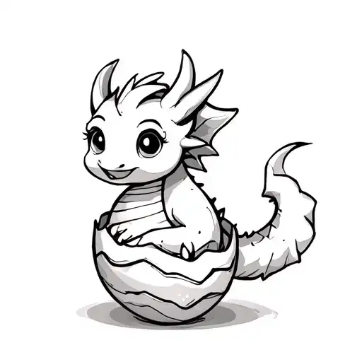 cute cartoon baby dragon with tail wrapped around egg   tattoo design idea