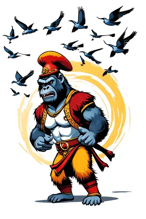 angry cartoon gorilla in a tightly fitted ringleader outfit whipping a flock of birds as the fly away.  tattoo design idea