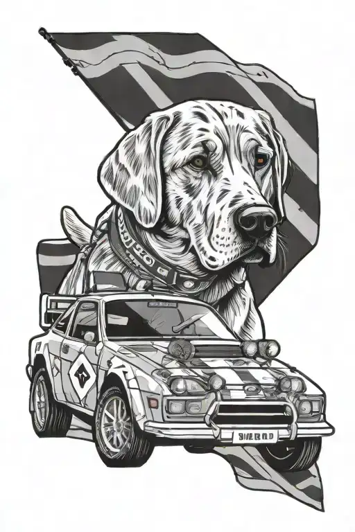 a Ford rally car  with a Labrador inside it in the driver side driving it with a Scotland flag  tattoo design idea