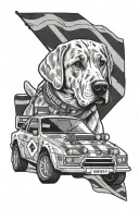 a Ford rally car  with a Labrador inside it in the driver side driving it with a Scotland flag  tattoo design idea