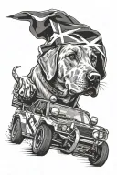 a Ford rally car  with a Labrador inside it in the driver side driving it with a Scotland flag  tattoo design idea