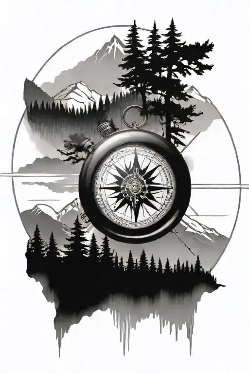 oldschool compass, forest and mountain landscape tattoo design idea