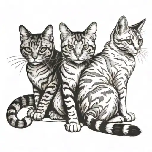 three cats outline sitting laying looking forward tattoo design idea
