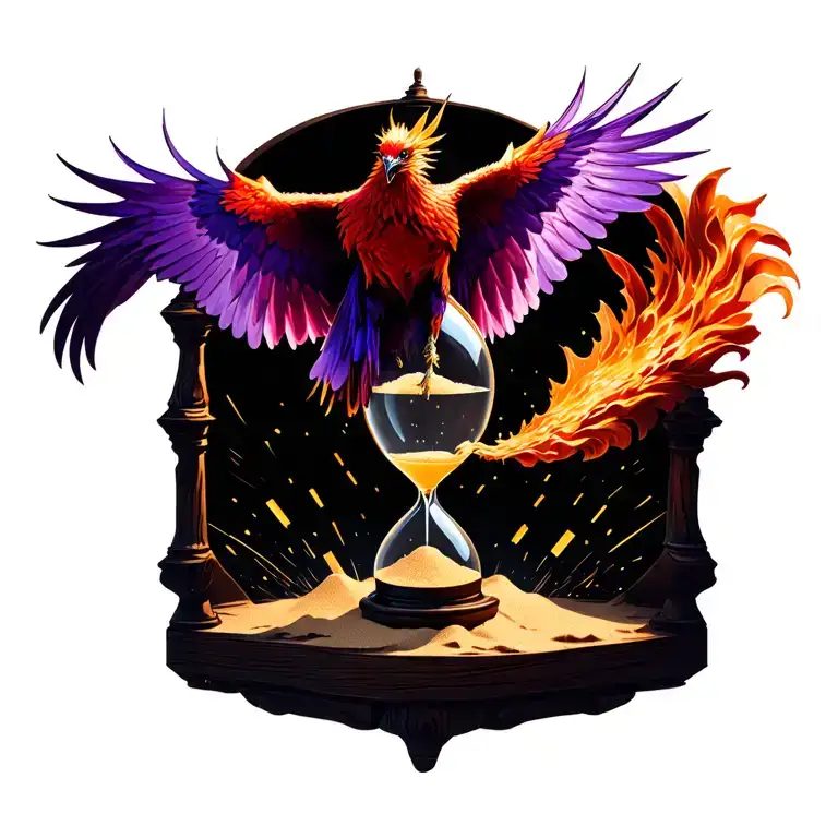 Red, gold and purple phoenix flying off of an old creepy wooden sandglass with sand twinkling down tattoo design idea