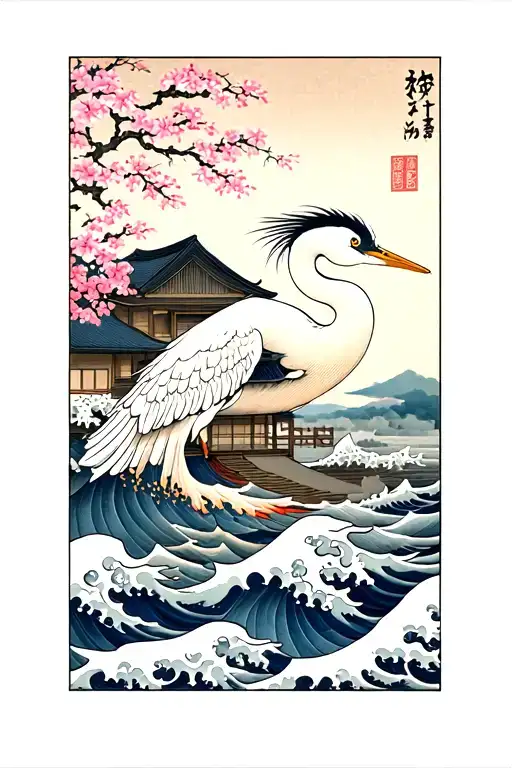 Sakura, waves, heron, traditional Japanese house tattoo design idea