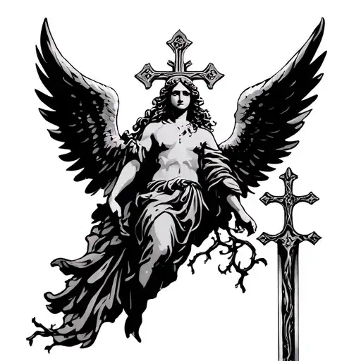 angel with open wings spread wide and sword in hand with vines and cross above its head tattoo design idea