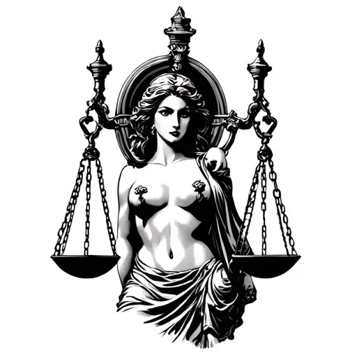 Tattoo Concept: Lady Justice (Feminine Form, Gangster Style)Style: Black-and-white, old-school gangster tattoo stylePl tattoo design idea