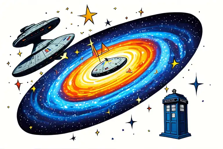 spave  with a swirling galaxy and stars  with a Star Trek enterprise ship and a doctor who tardis sailing through space  tattoo design idea
