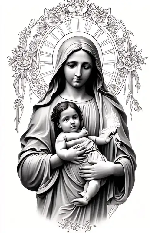 virgin mary holding child tattoo design idea