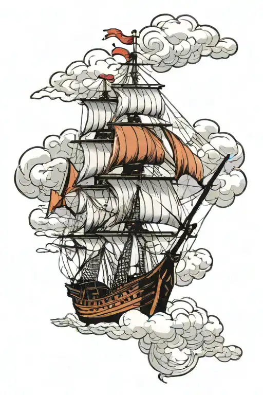 portuguese caravel sailing through clouds, with upside down crosses on it's sails tattoo design idea