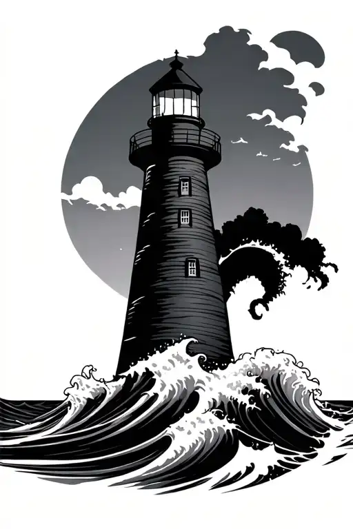 lighthouse with waves crashing tattoo design idea