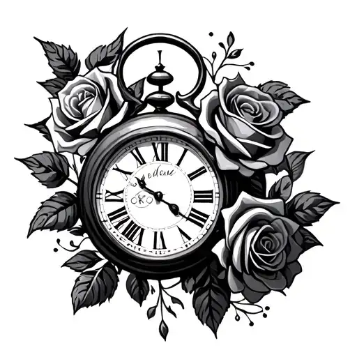 clock and roses tattoo design idea