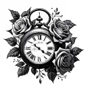 clock and roses tattoo design idea
