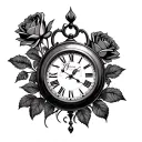 clock and roses tattoo design idea