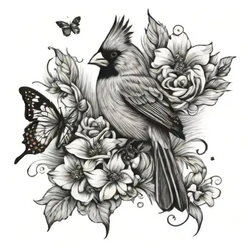 cardinal and butterflies tattoo design idea