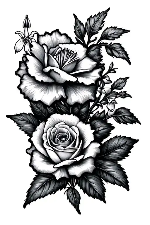 carnation, snowdrop, rose, lily, honeysuckle, larkspur, 11 down by 2 across vine style tattoo design idea