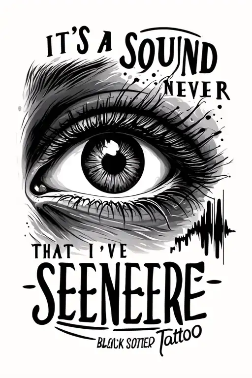 A sound wave with a lifelike eye with the text: It's a sound that I've never SEEN BEFORE tattoo design idea