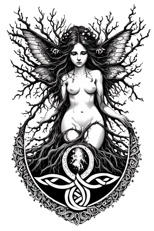 tree nymph with triple moon goddess and trinity knot border tattoo design idea