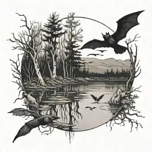 a lake with trees surrounded by bats and crows with a person drowning in the lake  tattoo design idea