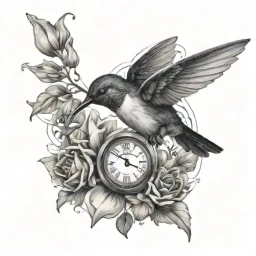 Hummingbird with flowers a cross and time piece tattoo design idea