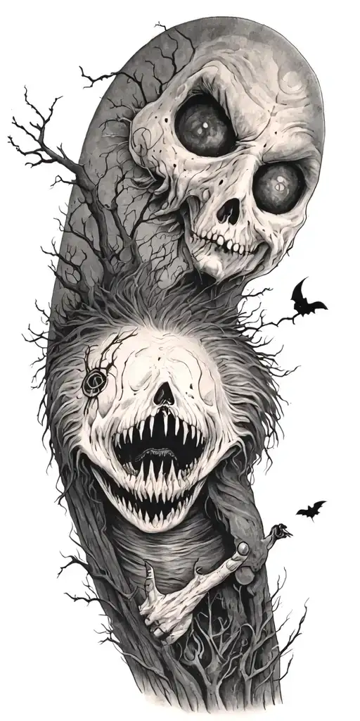 Tim Burton esque outdoor scene tattoo design idea