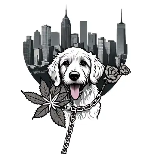 new york skyline utah mountins in backround with a golden doodle holding a rose with a cross chain and weed sings tattoo design idea