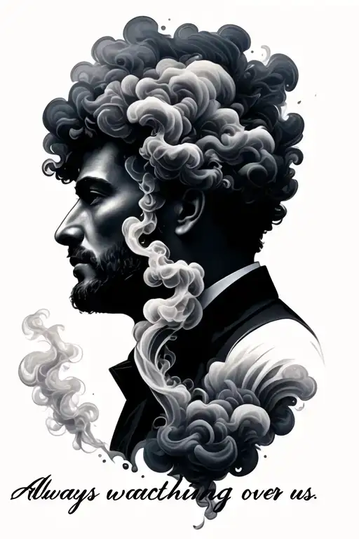 A realistic tattoo of a smoke cloud morphing into the silhouette of your dad, with the words 'Always watching over us' written beneath, combining your love for your dad and smoking tattoo design idea