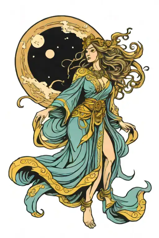 wisdom goddess full body standing flowing robe powerful sexy full moon rising tattoo design idea
