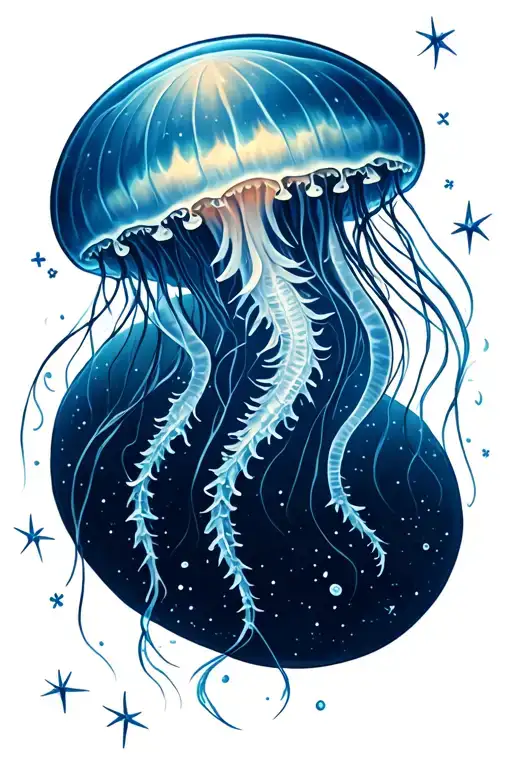 moon jellyfish tattoo with little stars around it, delicate style with a touch of realism tattoo design idea