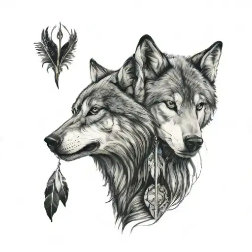 Wolf with american native woman tattoo design idea